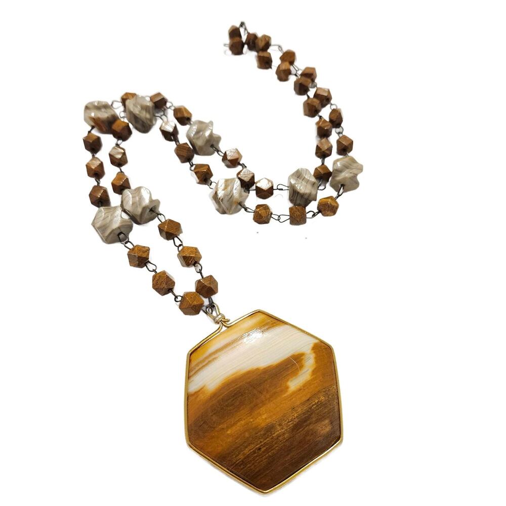 Vintage Natural Stone Necklace with Large Calcite Octagon Medallion Pendant